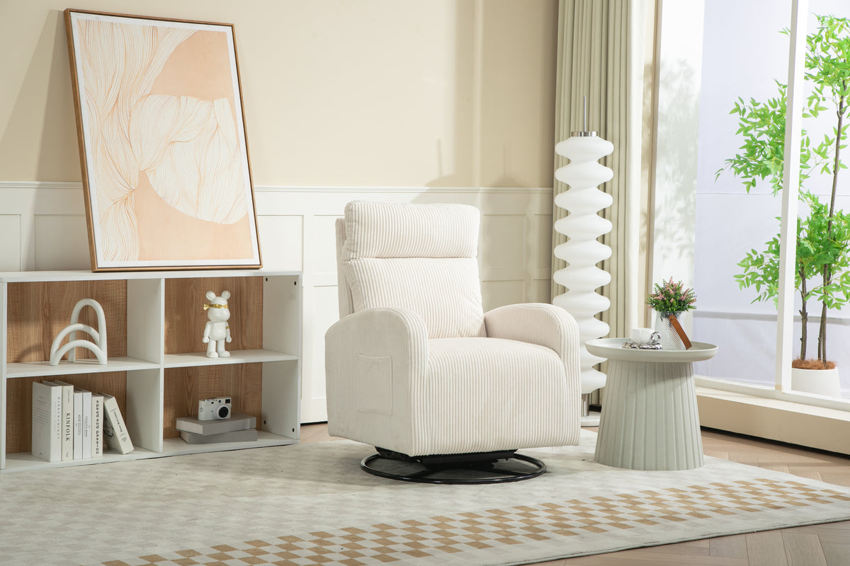 American Smart JiaDa upholstered swivel glider nursery rocking chair in beige flannel fabric, modern style with one left bag.