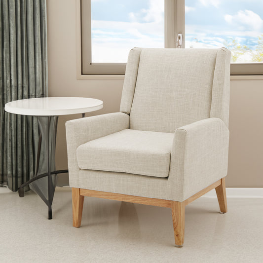 Modern American Smart KD accent chair with plush fabric upholstery and sleek wooden legs, ideal for living room or office decor.