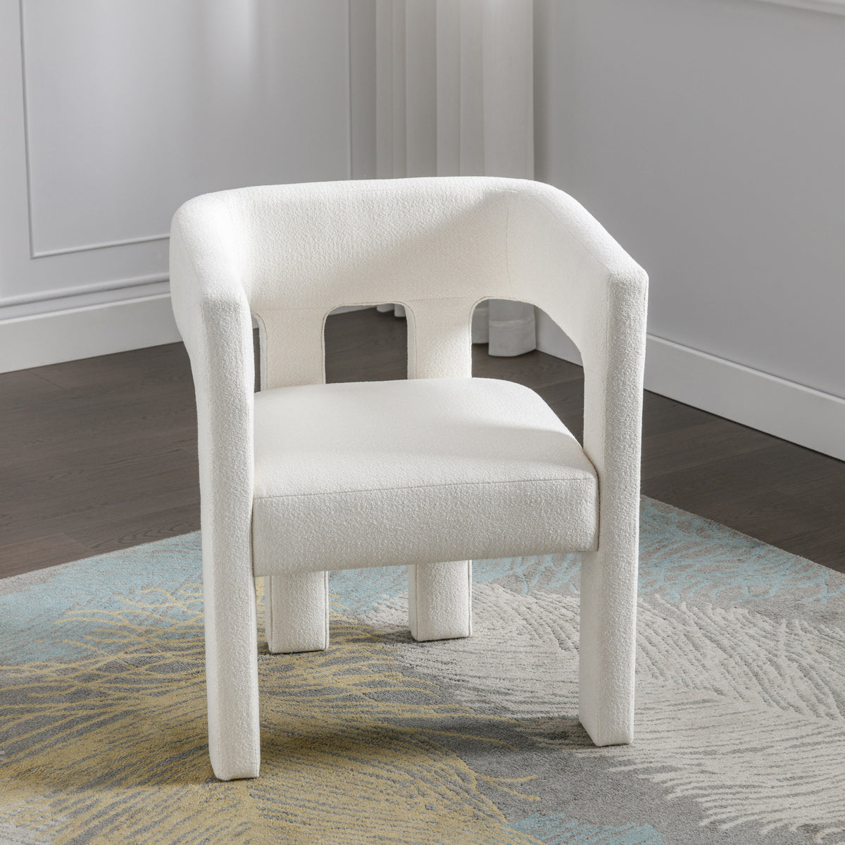 Beige fabric upholstered American Smart accent chair with contemporary design, ideal for living room, bedroom, or dining area.