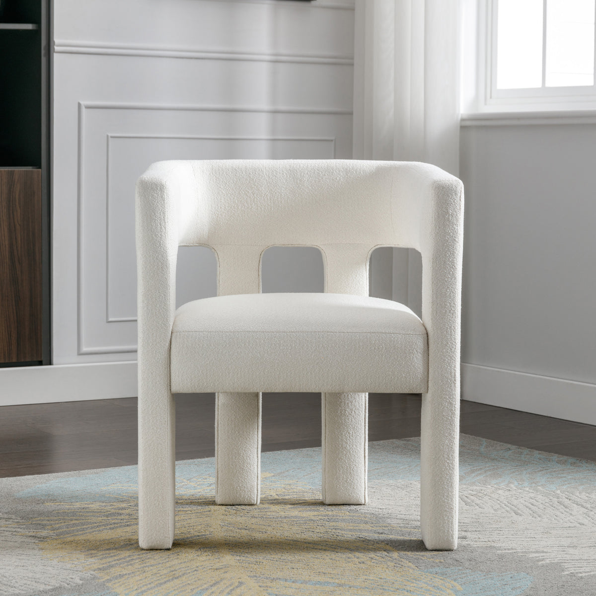 Beige contemporary fabric upholstered accent dining chair with wooden legs for living room or bedroom decor.