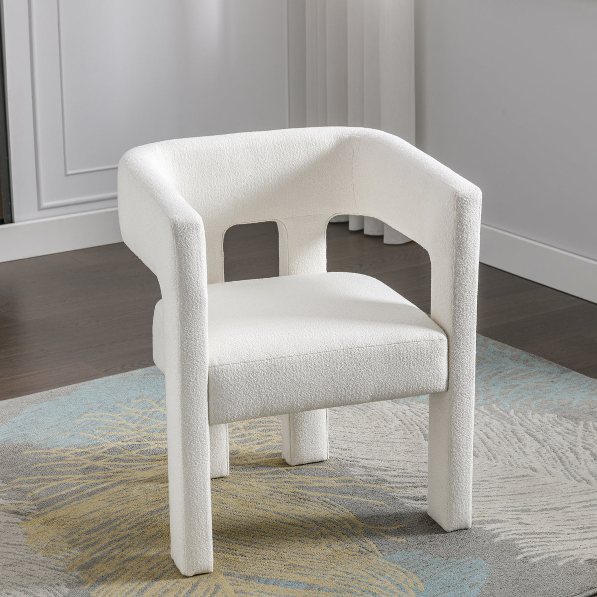 Beige fabric upholstered American Smart accent chair with contemporary design, ideal for living room, bedroom, or dining room.