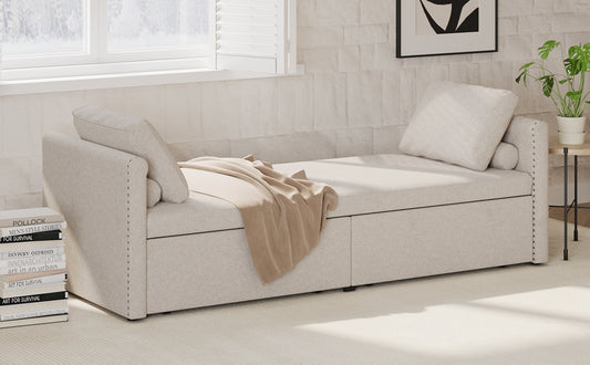 Beige modern cushioned lounge chair sofa bed with two drawers, linen upholstery, compact design, American Smart - EP.