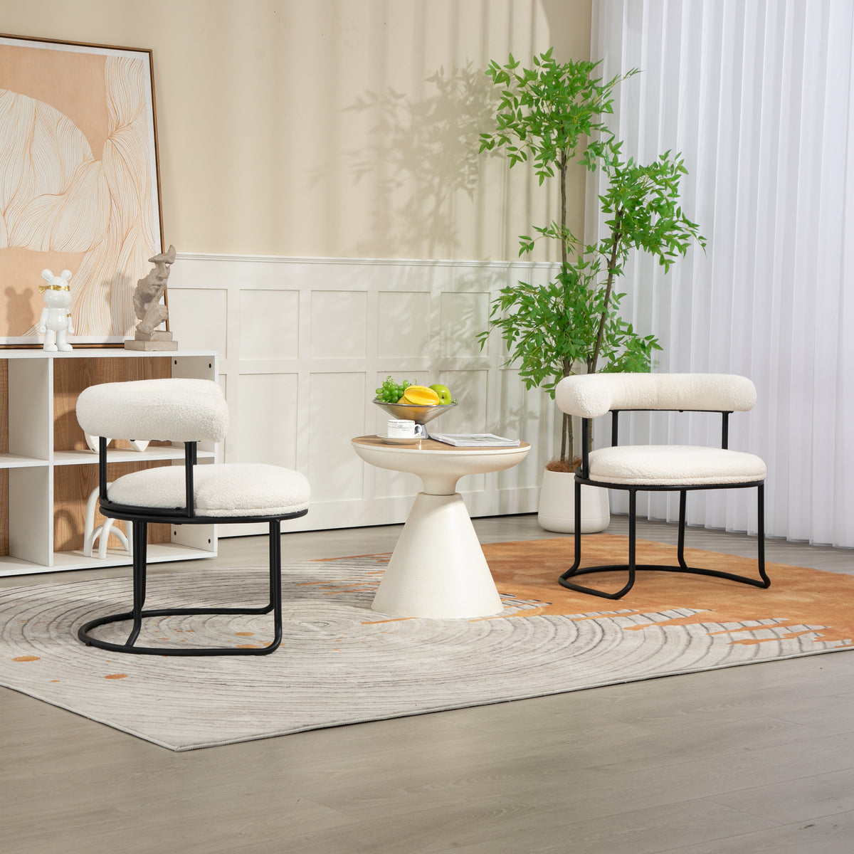 COOLCOOL Boucle dining chair set of two, medieval modern curved backrest chair, round cushion (beige Boucle) - American Smart