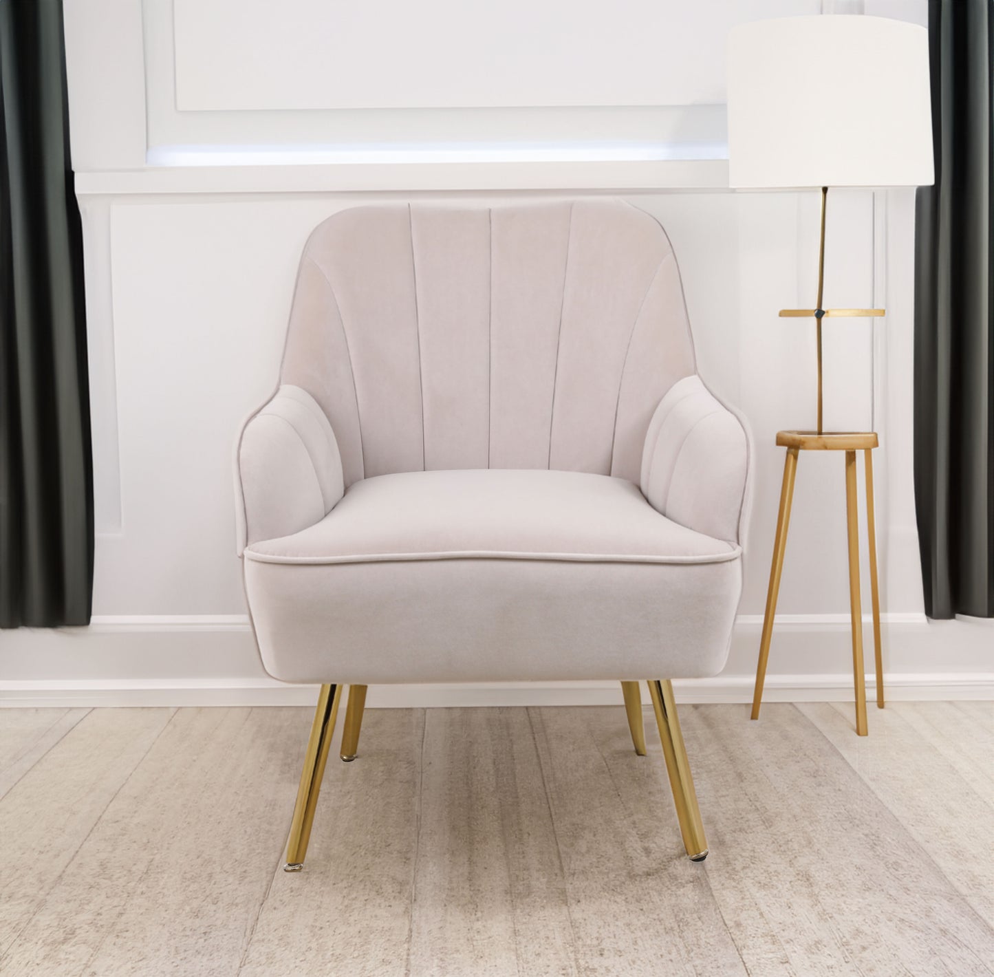 Beige velvet Sherpa armchair with modern mid-century design, suitable for living room, bedroom, or office, featuring easy assembly.