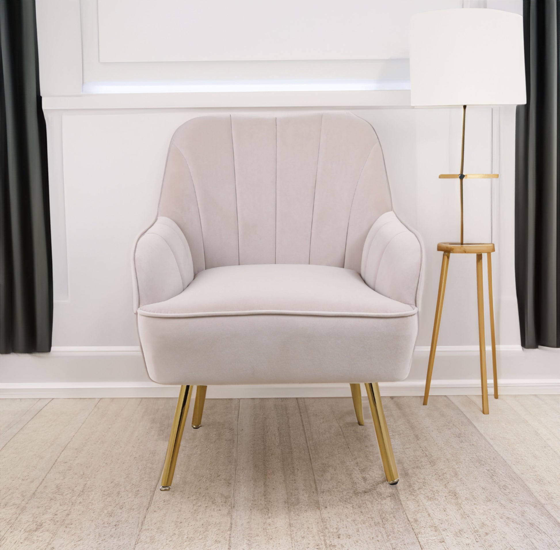 Beige velvet Sherpa armchair with modern mid-century design, suitable for living room, bedroom, or office, featuring easy assembly.