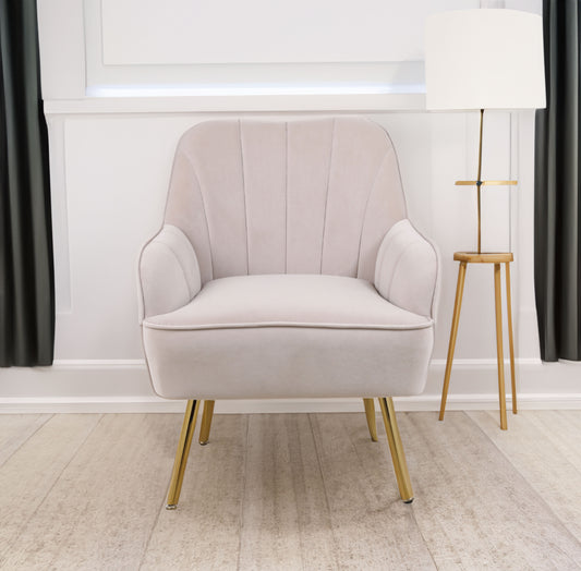 Beige velvet Sherpa armchair with modern mid-century design, suitable for living room, bedroom, or office, featuring easy assembly.