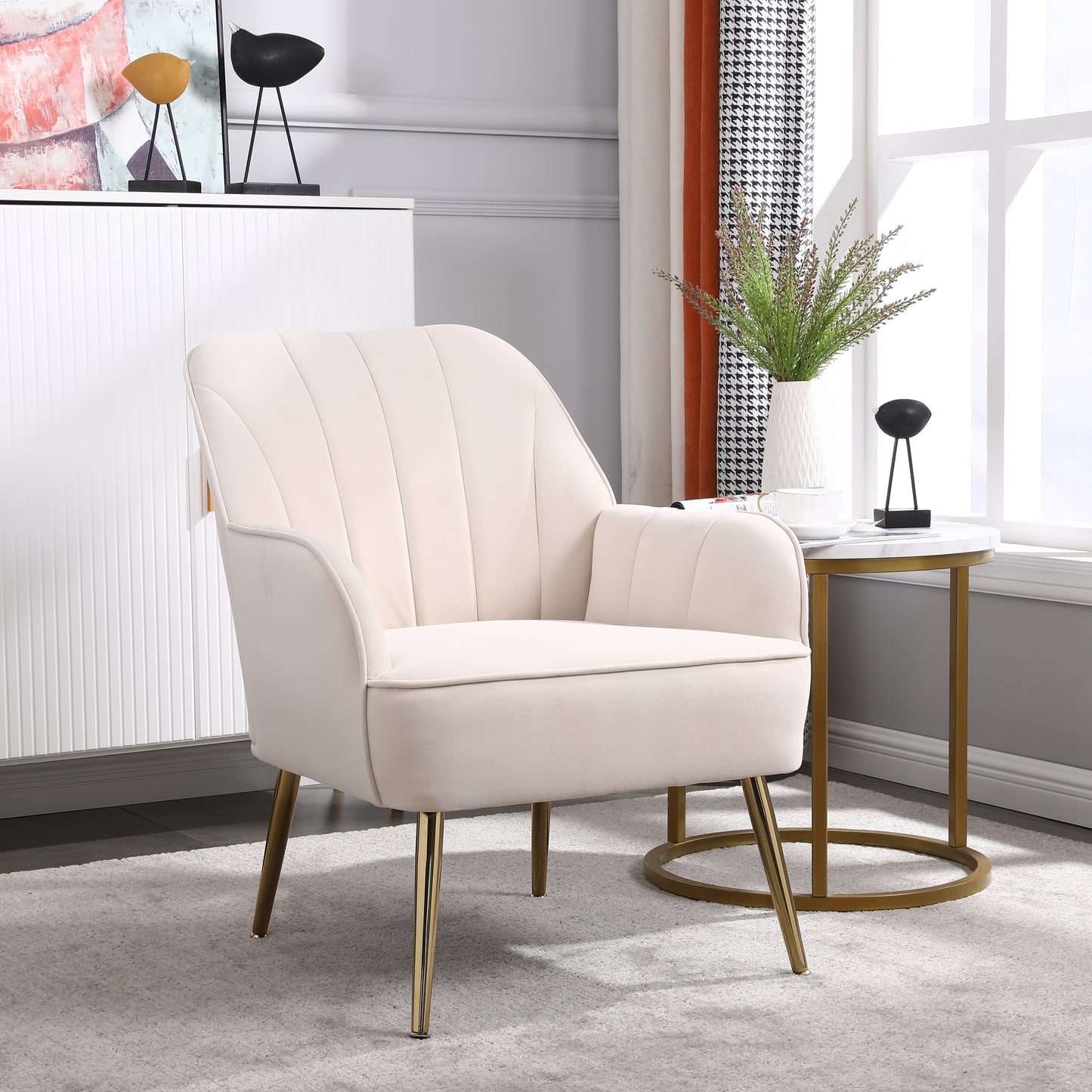 Modern Mid Century Velvet Sherpa Armchair in beige, American Smart EP, perfect for living room, bedroom, or office, easy to assemble.