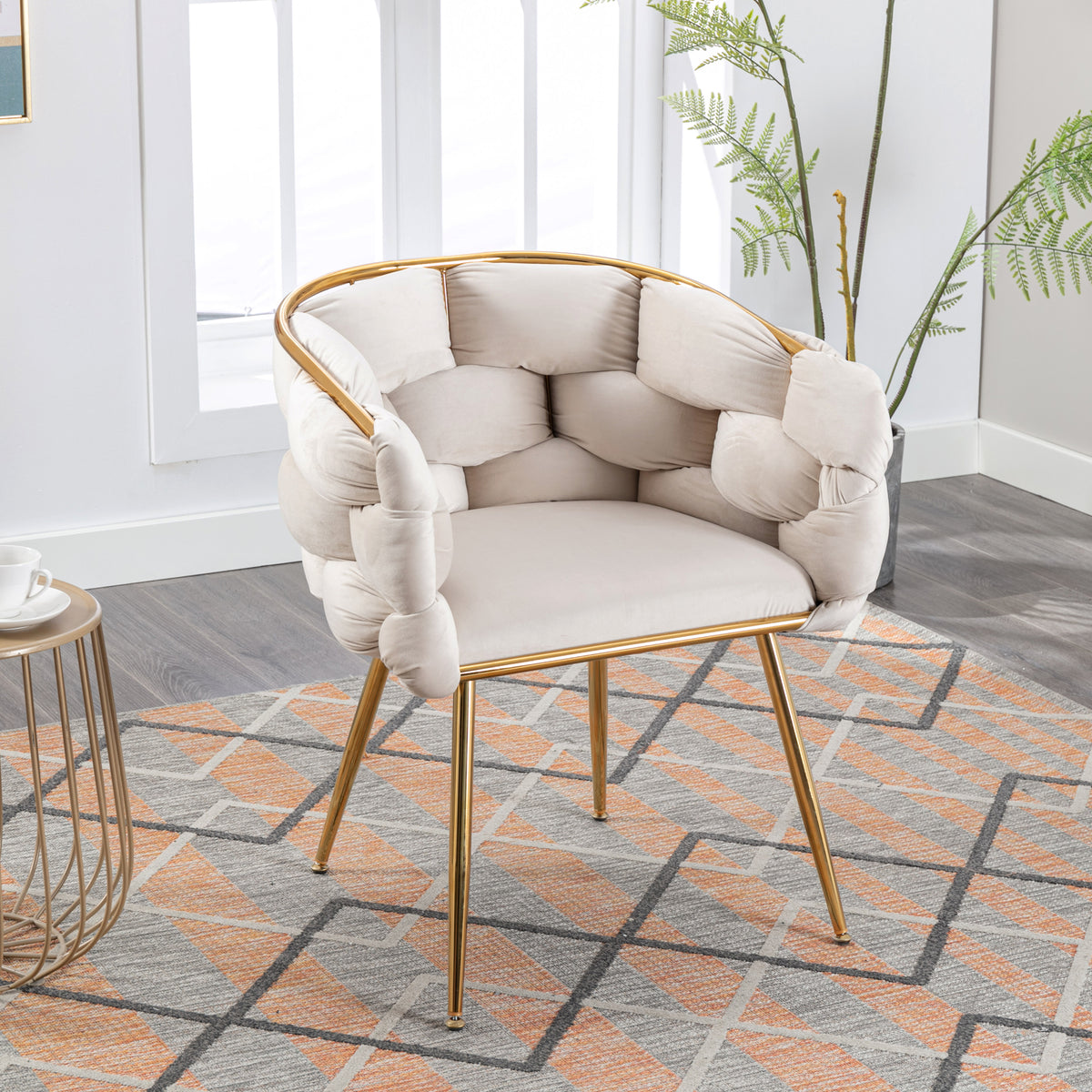 Beige velvet single leisure sofa chair with modern design, suitable for bedroom or manicure table, by American Smart EP.