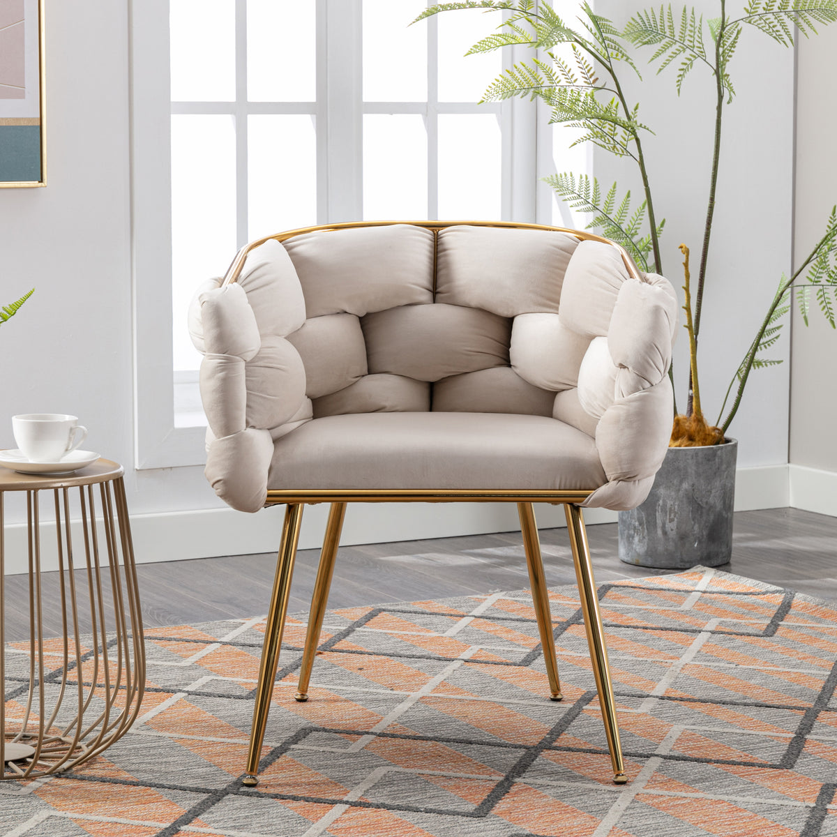 Beige luxury modern velvet single sofa chair with sleek design, suitable for bedroom and manicure table seating by American Smart EP.