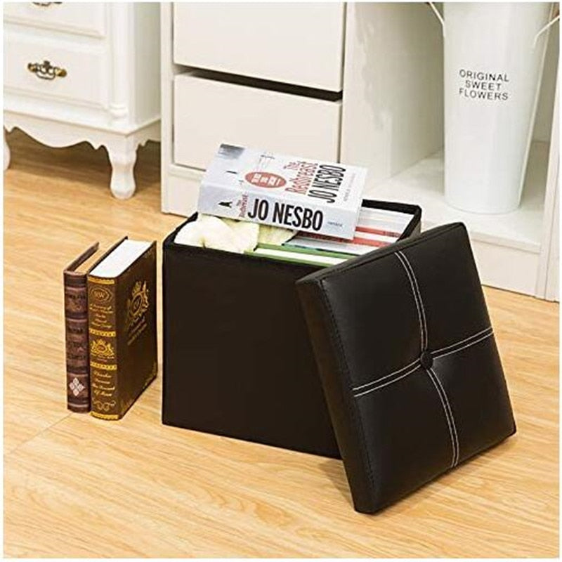 12-inch non-slip foldable leather ottoman storage stool, versatile footstool and small sofa bench with storage box for home organization