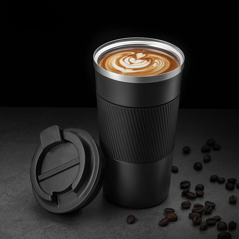 American Smart EP stainless steel insulated coffee cup with leather cover, portable vacuum mug for office, car, and outdoor use