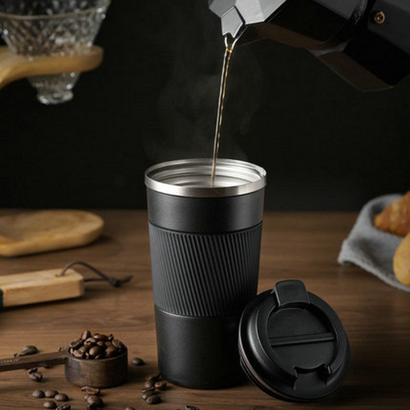 American Smart EP stainless steel insulated coffee cup with leather cover, portable mug for office, car, and outdoor use.