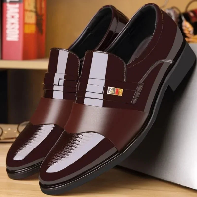 Men's black leather Oxford dress shoes by American Smart, featuring a sleek, classic design for formal, business, and office wear.