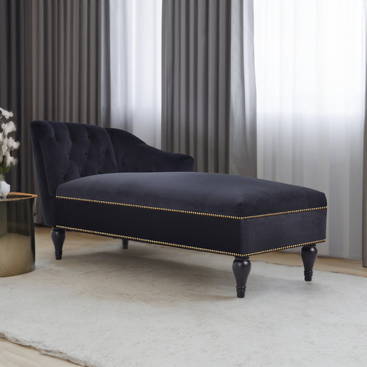 58-inch velvet lounge chair by American Smart EP with button-tufted right arm, nail head accents, and solid wood legs.