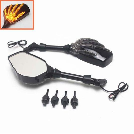 8mm 10mm Motorcycle Skeleton Skull Hand Claw Rearview Side Mirrors W/ Amber LED Turn Signal Lights For Harley Honda Universal - American Smart
