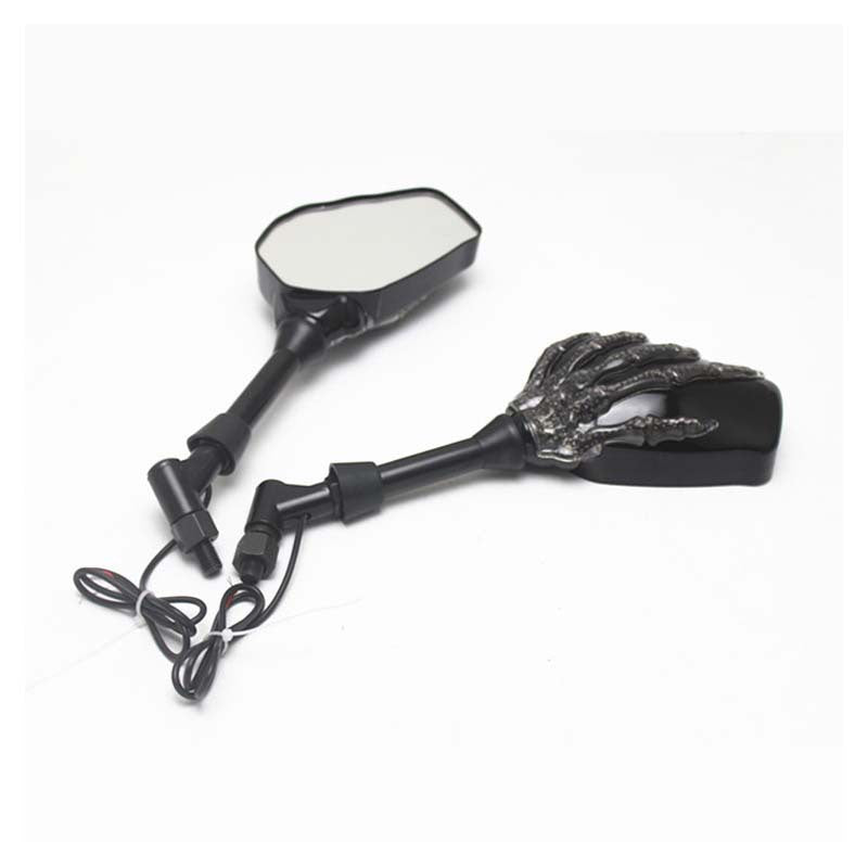8mm 10mm Motorcycle Skeleton Skull Hand Claw Rearview Side Mirrors W/ Amber LED Turn Signal Lights For Harley Honda Universal - American Smart
