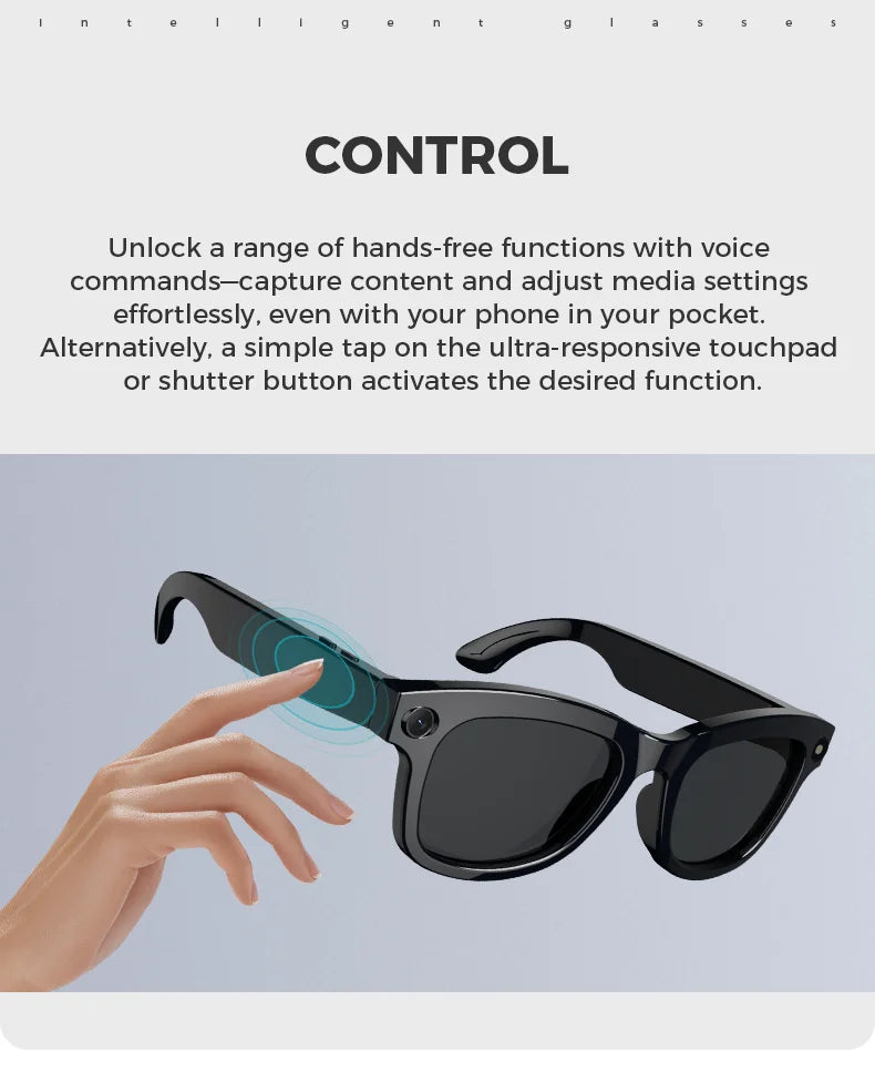 American Smart Bluetooth AI shooting glasses with 5MP camera, voice assistant, real-time translation, and image stabilization.