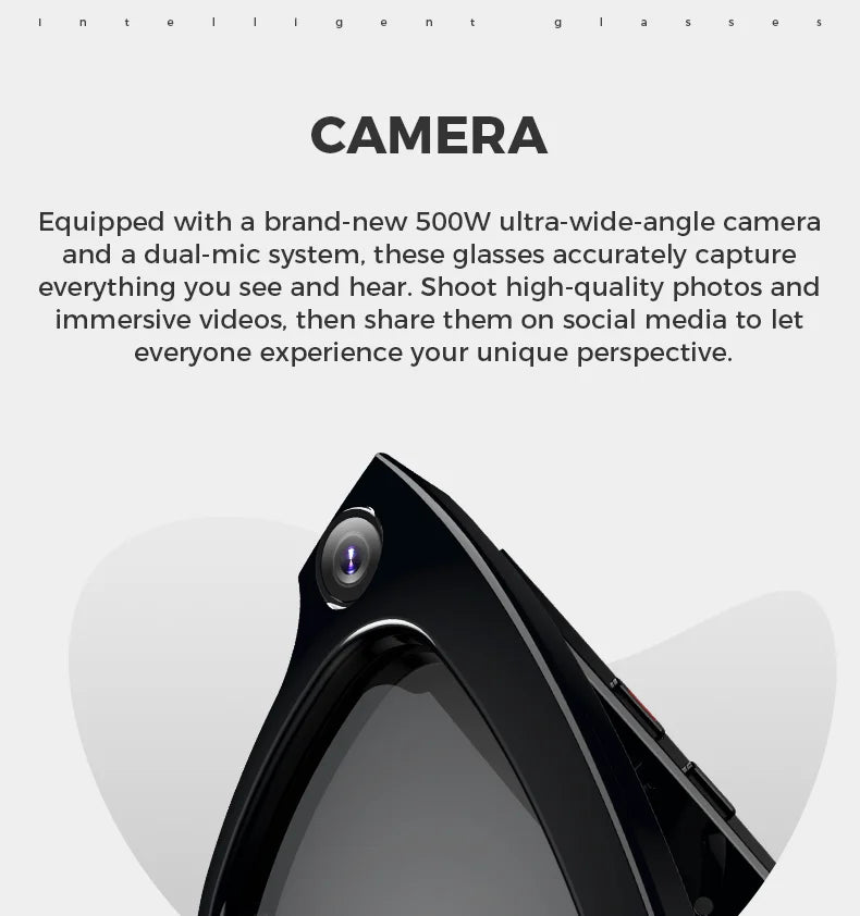 American Smart Bluetooth AI shooting glasses with 5MP camera, voice assistant, real-time translation, and stabilization features.