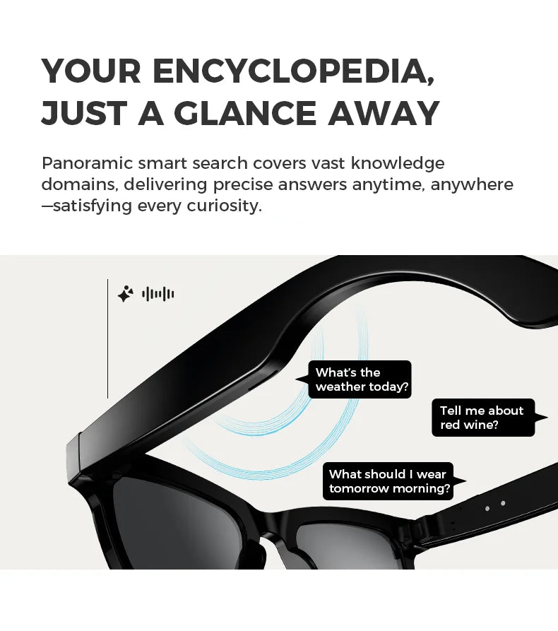 American Smart EP Bluetooth AI shooting glasses with 5MP camera, voice assistant, real-time translation, and image stabilization.