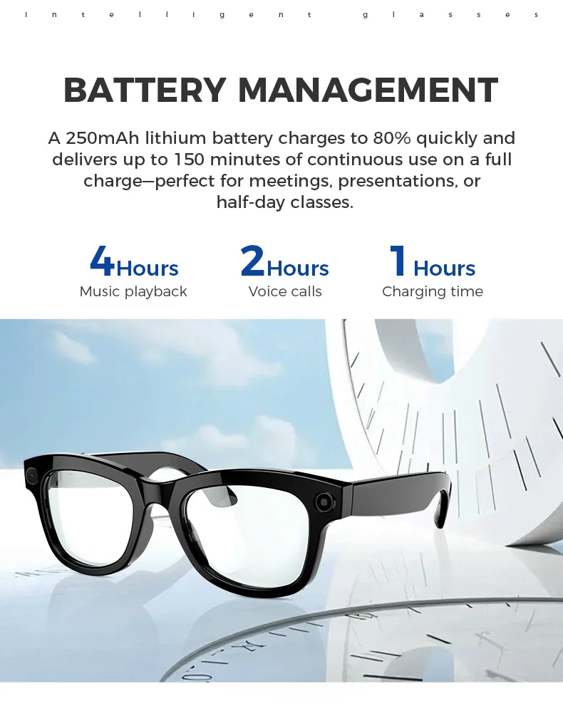 American Smart EP Bluetooth AI shooting glasses with 5MP camera, real-time translation, voice assistant, and image stabilization.