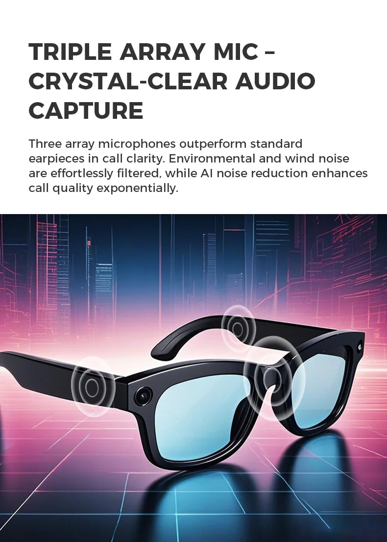 American Smart EP Bluetooth AI shooting glasses with 5MP camera, voice assistant, real-time translation, and image stabilization.