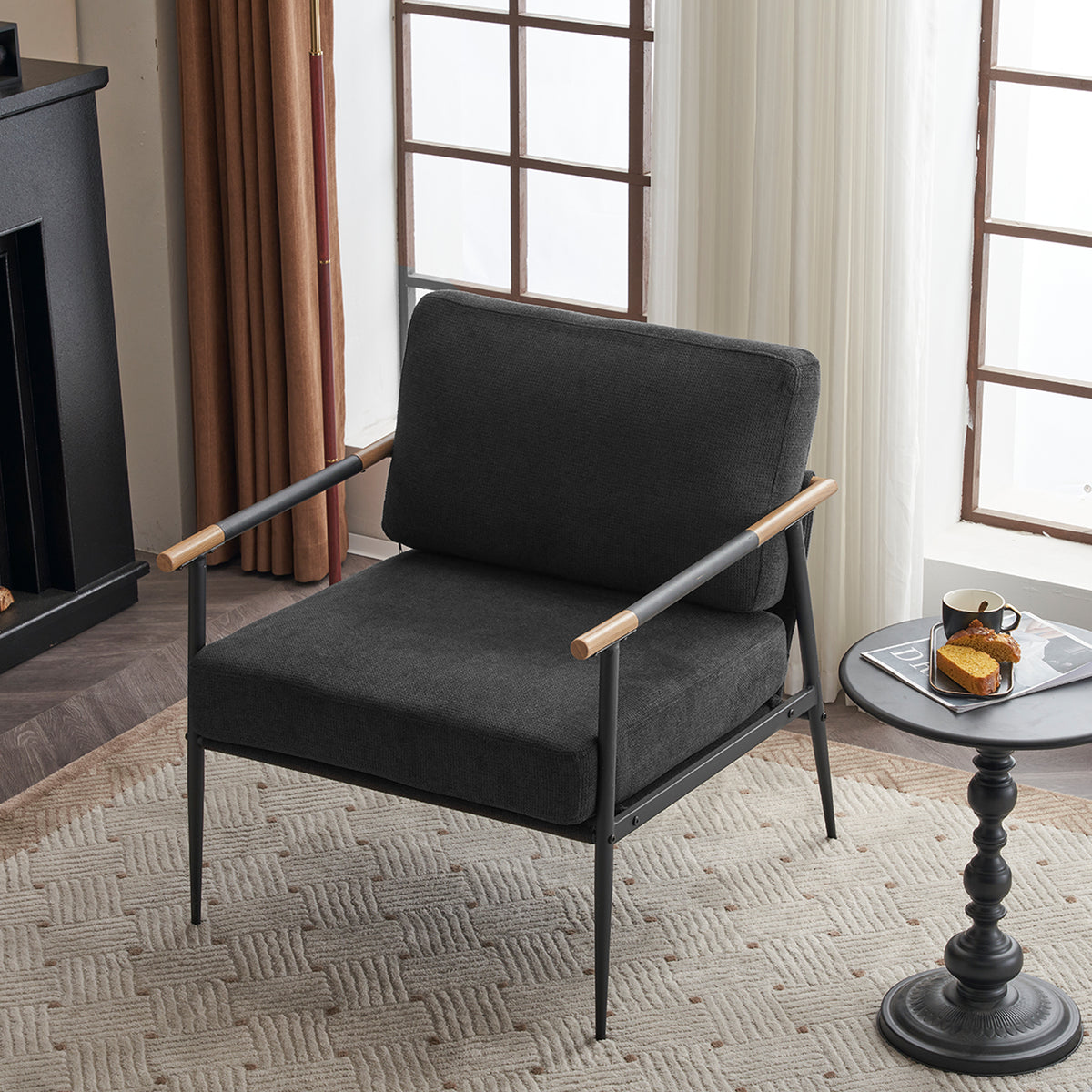 Black chenille leisure lounge arm chair with metal frame, upholstered side chair for living room comfort by American Smart EP