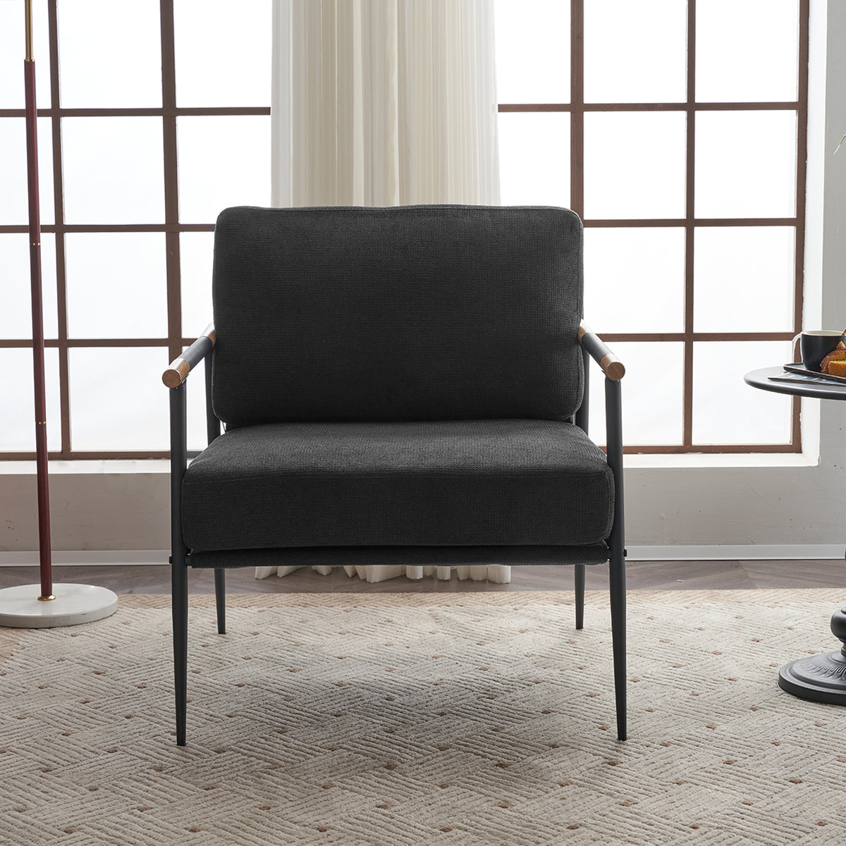 Black chenille American Smart EP leisure lounge arm chair with metal frame, upholstered side chair for living room comfort