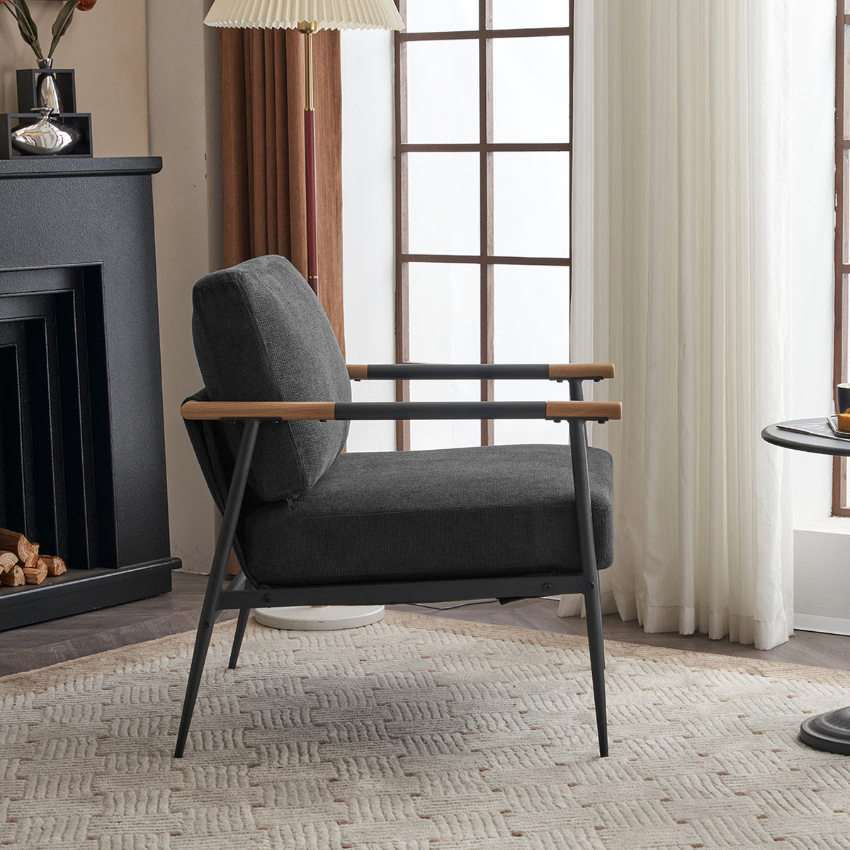 Black chenille leisure lounge arm chair with metal frame, upholstered side chair for comfortable living room seating by American Smart EP