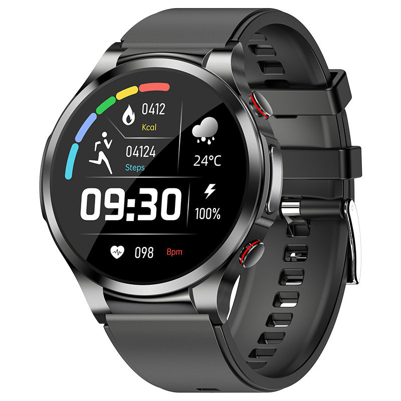 American Smart EP fitness smartwatch displaying blood glucose, ECG, blood pressure, heart rate, body temperature, and exercise data.