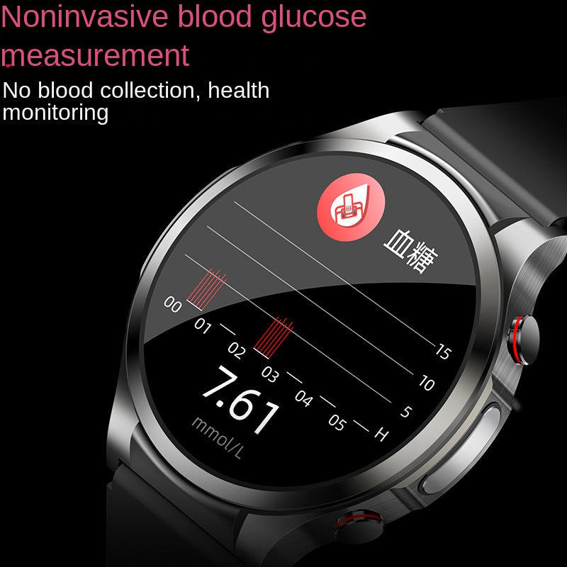 American Smart EP smartwatch displaying blood glucose, ECG, blood pressure, heart rate, and body temperature tracking features.