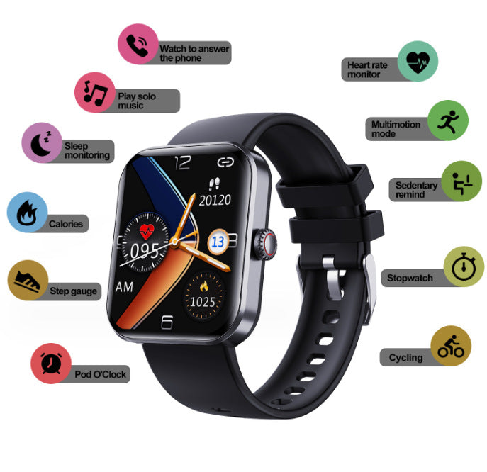American Smart F57L sports wristband smartwatch displaying heart rate, blood pressure, body temperature, and Bluetooth connection.