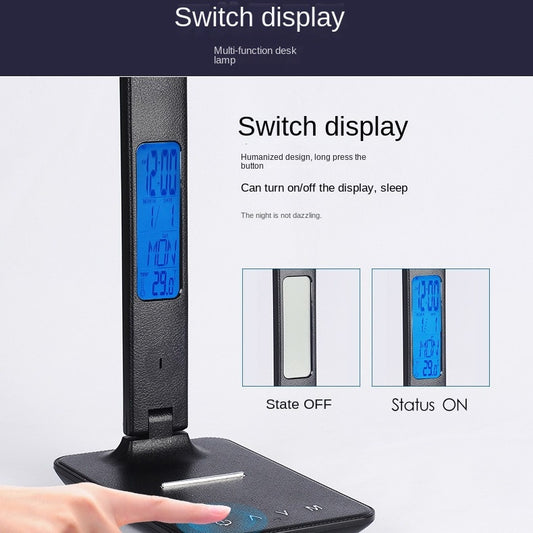 American Smart folding alarm clock with adjustable light, time display, and eye protection desk lamp for office or learning use.