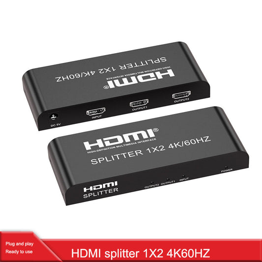 American Smart HDMI 1x2 4K60Hz splitter distributing one HDMI input to two screens for high-definition video.