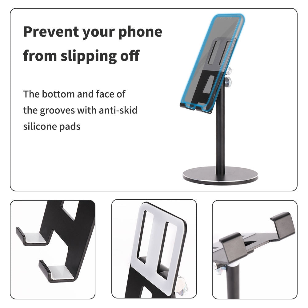 Adjustable aluminum desktop tablet and phone stand by American Smart, featuring height and angle adjustments for easy viewing.