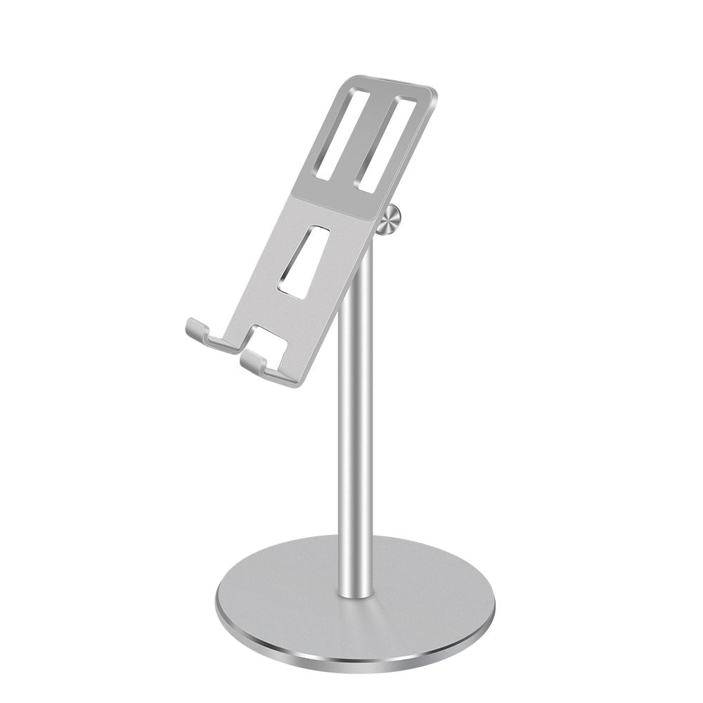 Adjustable desktop tablet and phone stand by American Smart EP, made of aluminum with height and angle adjustability.