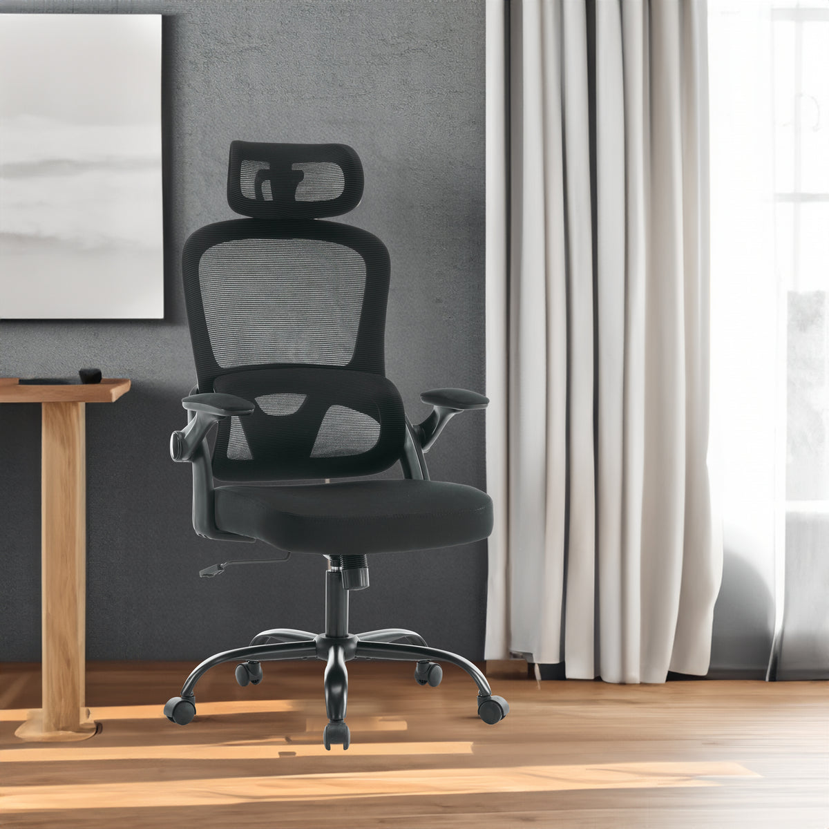 Black high backrest mesh office chair with 3D armrests, adjustable 2D headrest, tilt function, and rotating base by American Smart EP.