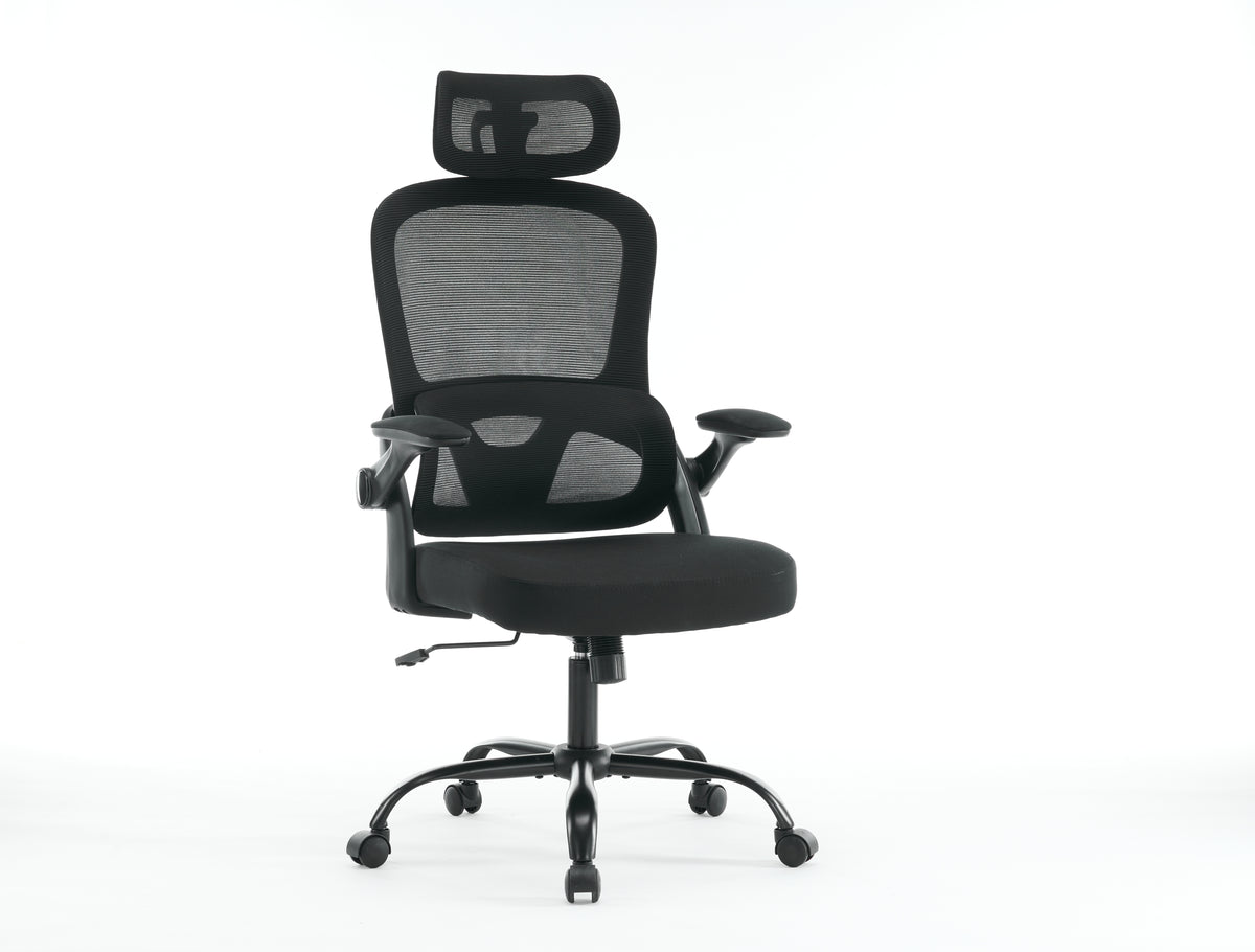 Black mesh office chair with high backrest, 3D armrests, adjustable headrest, tilt function, and rotating base by American Smart EP.