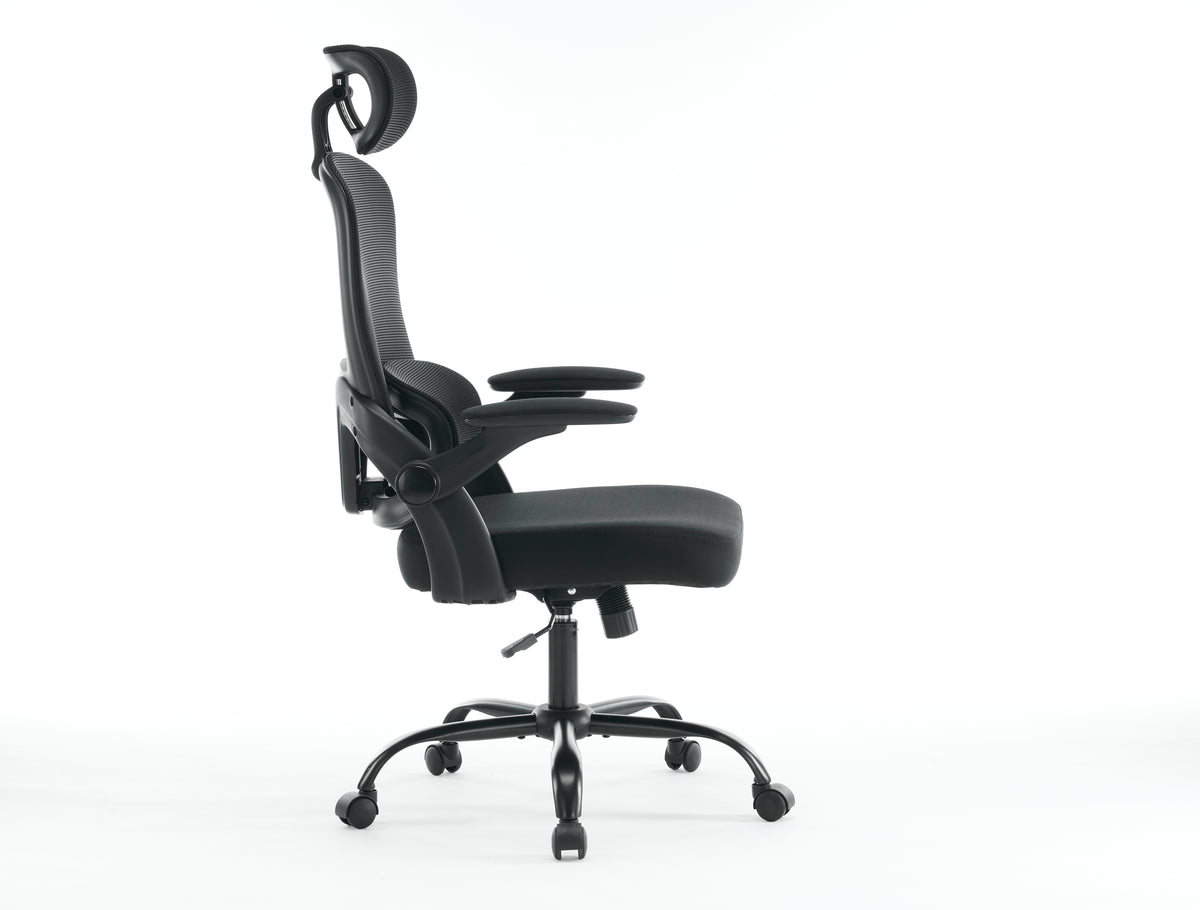 Black high backrest mesh office chair with 3D armrests, adjustable headrest, tilt function, and rotating design from American Smart EP.