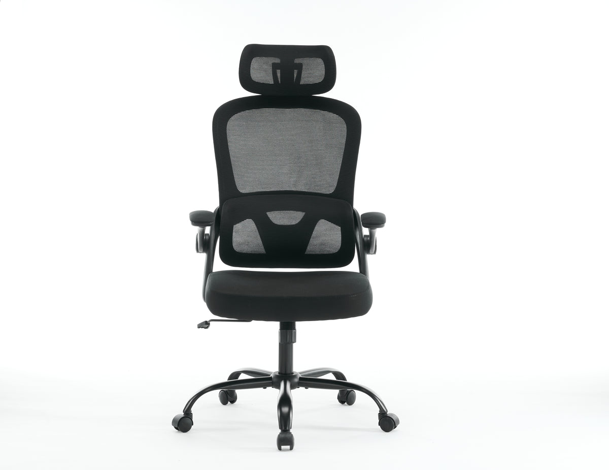 Black American Smart EP high back mesh office chair with 3D armrests, adjustable headrest, tilt function, and rotating base.