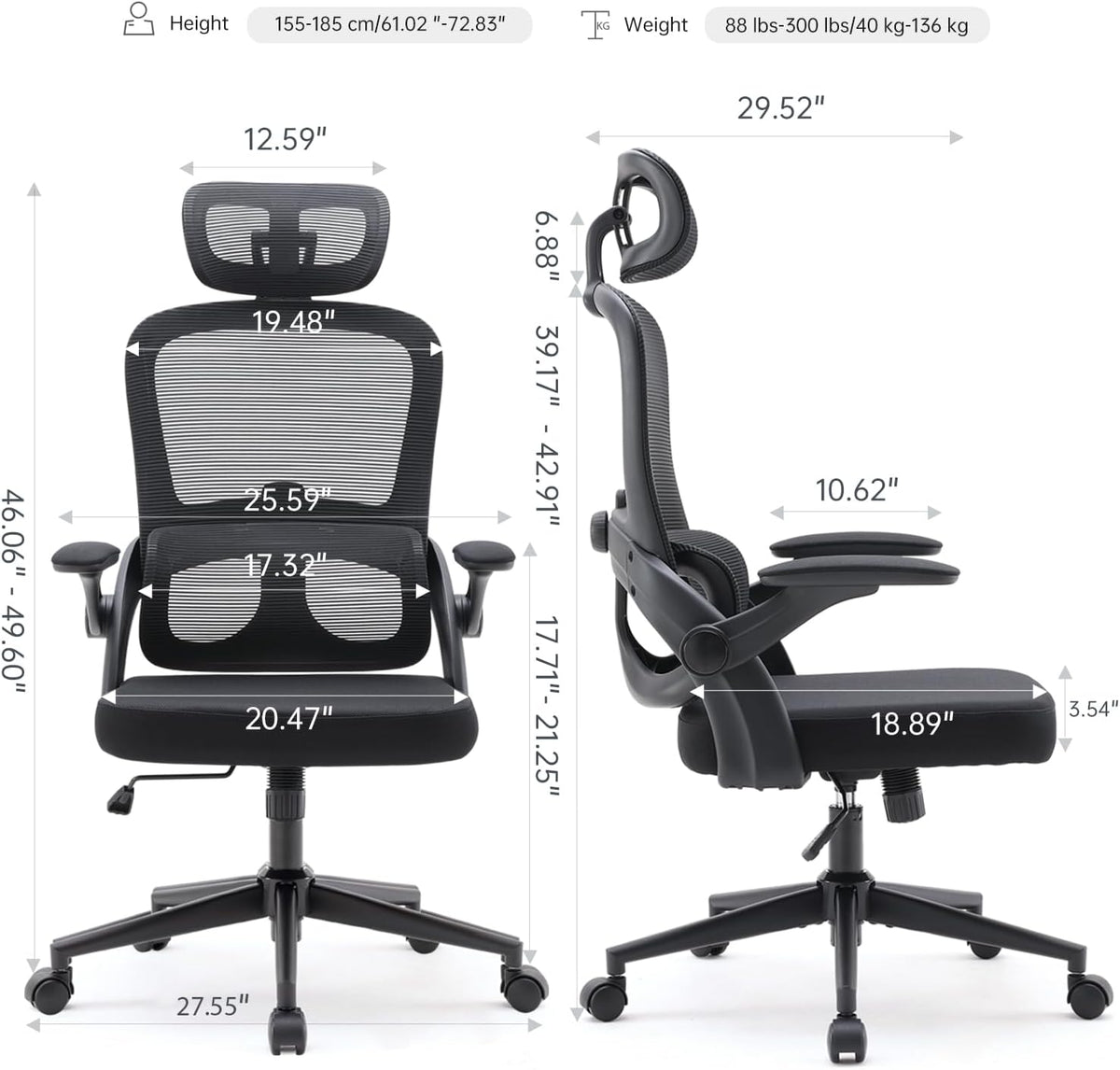 Black high backrest mesh office chair with 3D armrests, adjustable headrest, tilt, and rotating base, by American Smart EP.