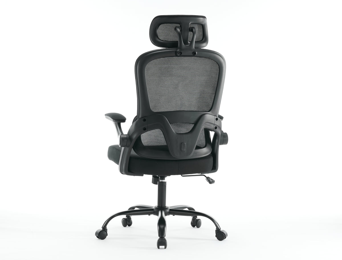 Black mesh office chair with high backrest, 3D armrests, adjustable headrest, tilt function, from American Smart - EP.