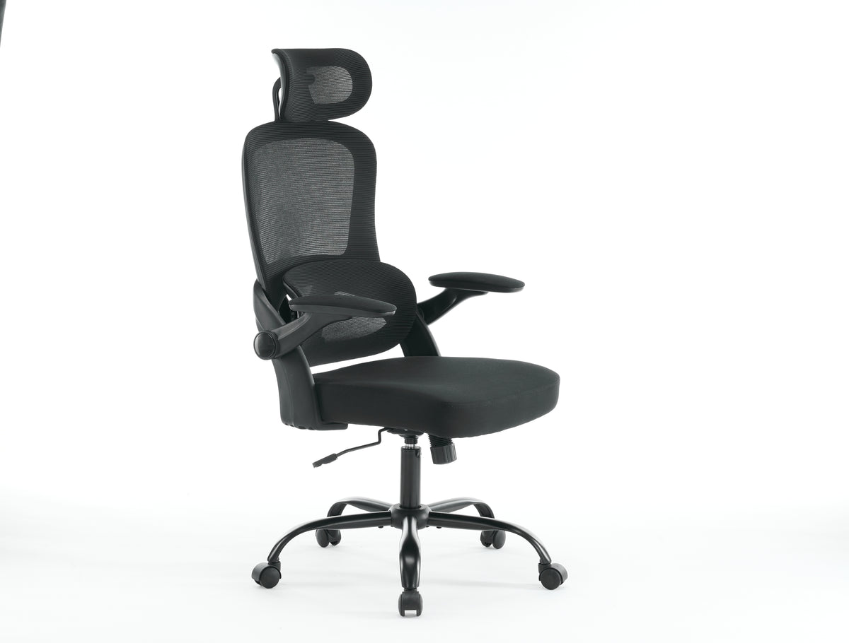 Black mesh office chair with high backrest, 3D armrests, adjustable headrest, and tilt function, designed for ergonomic comfort.