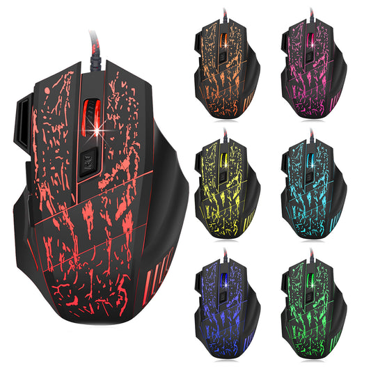 American Smart EP HXSJ Flow Crack gaming mouse with colorful luminous 7D design and ergonomic shape for precise gaming control.