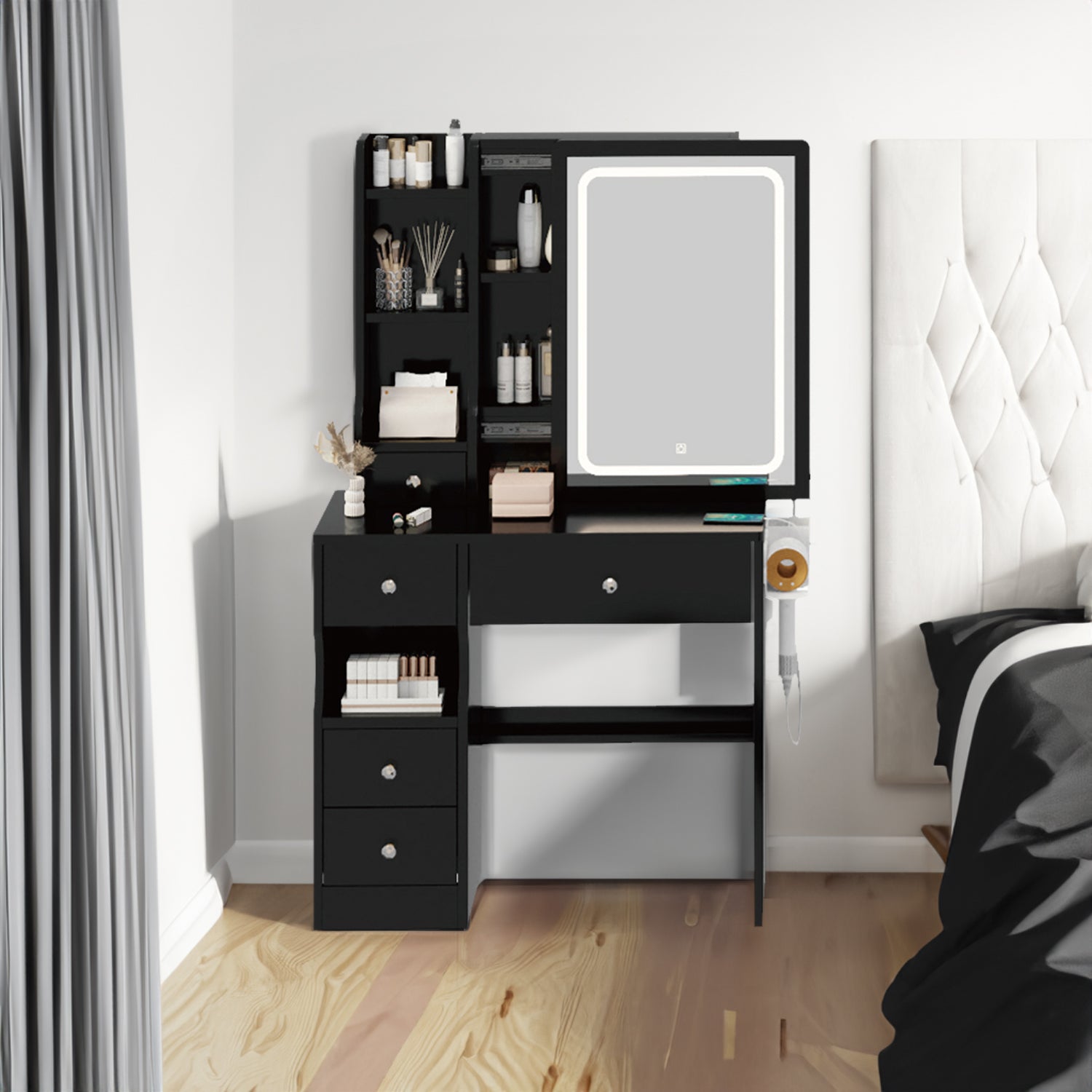 Left drawer desktop vanity with cushioned stool, touch LED mirror, dual USB and AC outlets, and tri-color lighting switch by American Smart EP