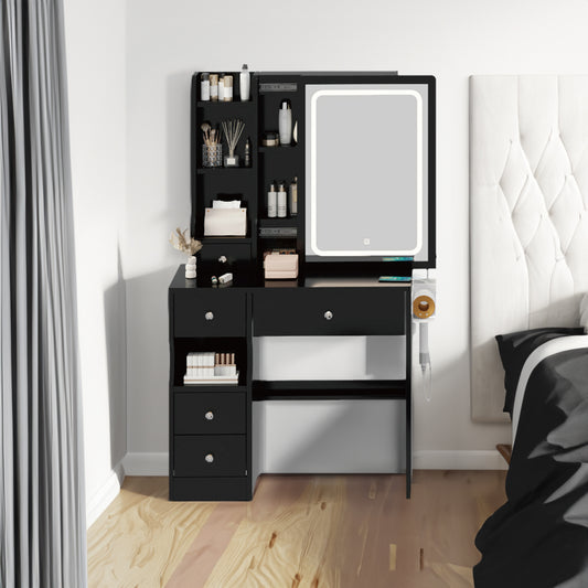 Left drawer desktop vanity with cushioned stool, touch LED mirror, dual USB and AC outlets, and tri-color lighting switch by American Smart EP