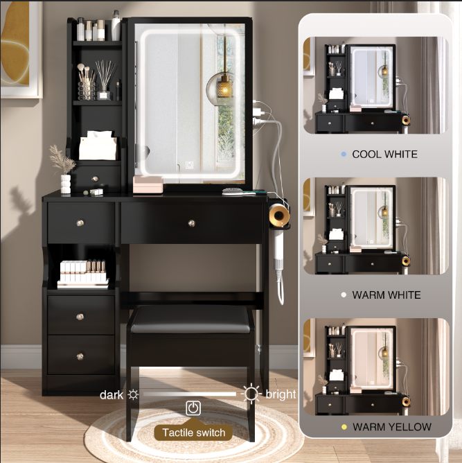Left drawer desktop vanity with cushioned stool, touch LED mirror, 2 AC outlets, 2 USB ports, and tri-color lighting switch.