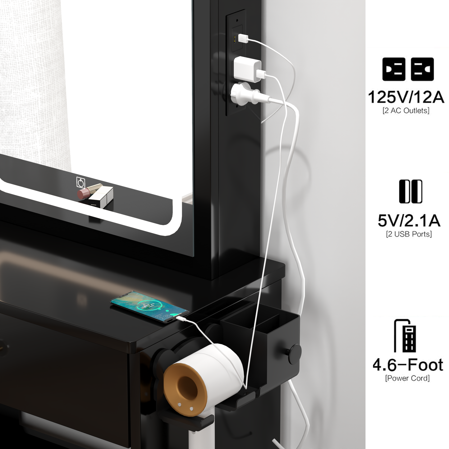Left drawer desktop vanity with cushioned stool, touch LED mirror, dual USB and AC outlets, tri-color lighting switch by American Smart EP.