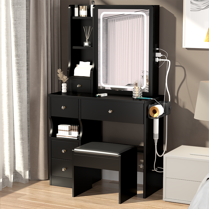 American Smart EP left drawer vanity with cushioned stool, touch LED mirror, and dual USB and AC power stations.