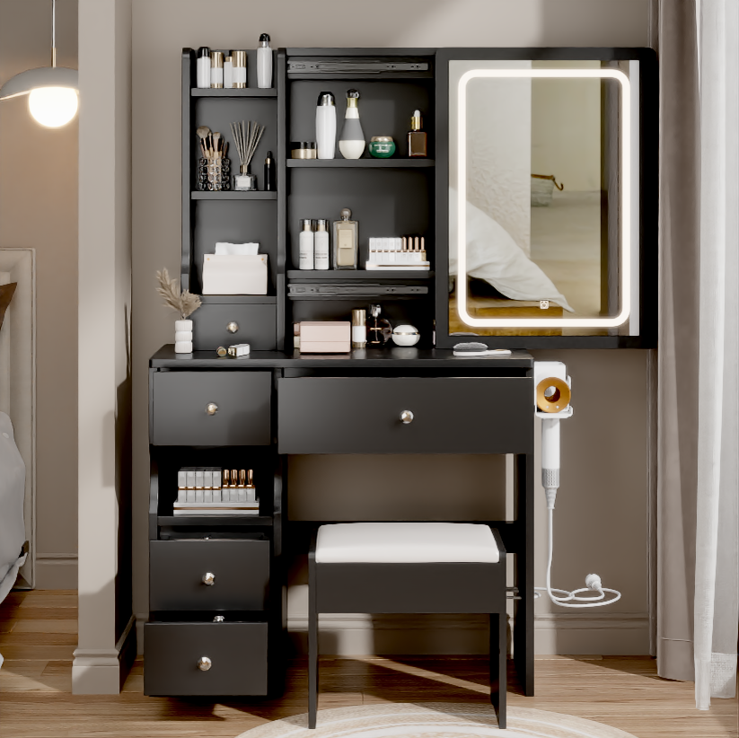 Left drawer desktop vanity with cushioned stool, touch LED mirror, and dual AC and USB power stations by American Smart EP.