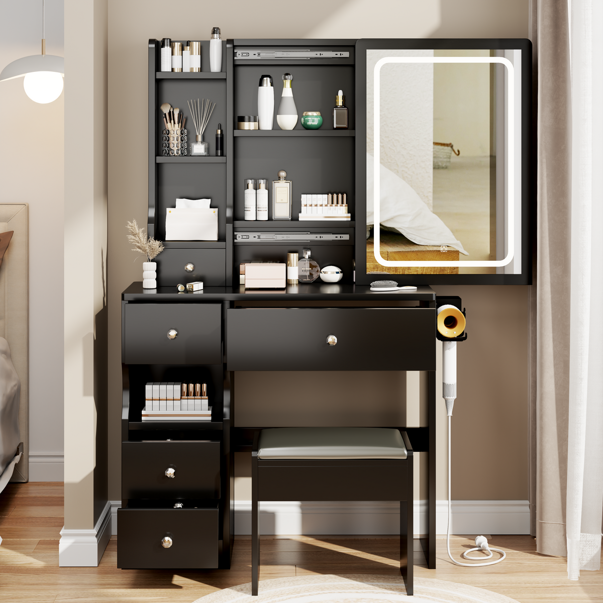 Left drawer desktop vanity with cushioned stool, touch LED mirror, 2 AC and 2 USB ports, tri-color switch from American Smart EP.